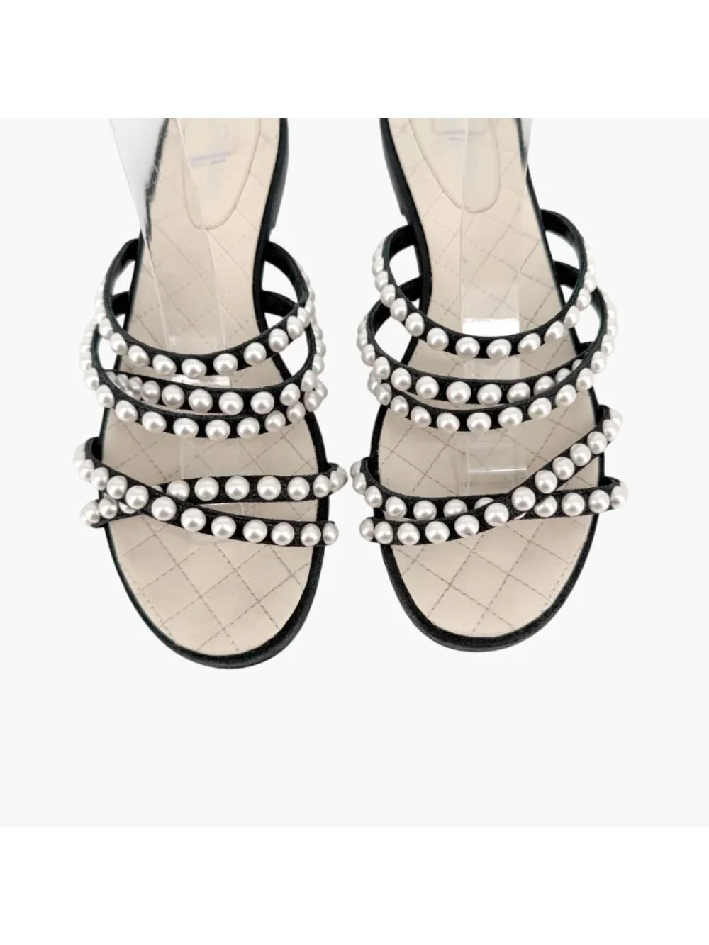 Chanel CC Pearl Strappy Slide Sandals Black White Flat Size 38.5 US 7.5-8 Women